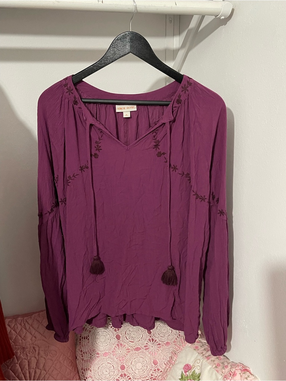 Knox Rose Plum Embroidered Tie-Front Peasant Tunic